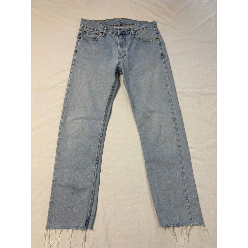 Levis 513 Slim Straight Light Wash Frayed Hem Jeans 30x34 Mens Blue